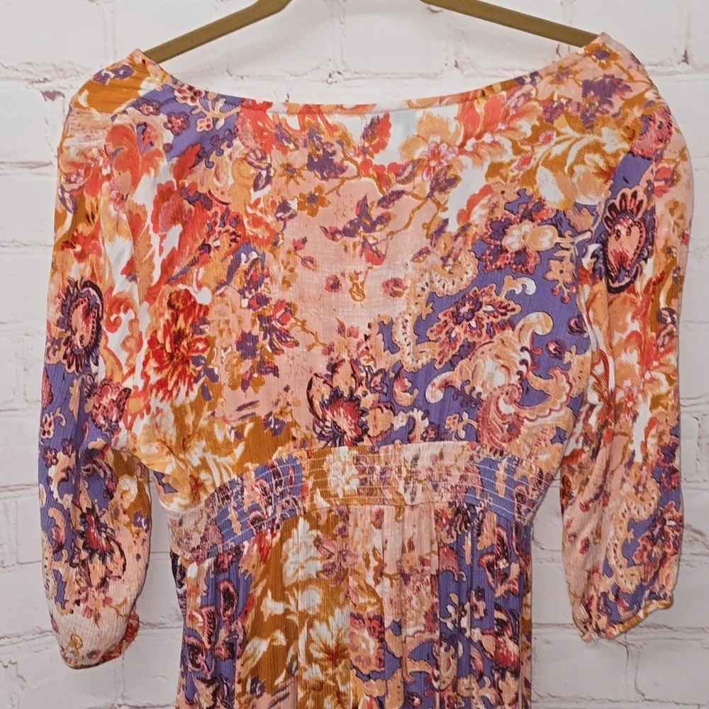 Myra Bag V-Neck A-Line Orange Purple Floral Elastic Waist Dress Womens Size L - Picture 10 of 16